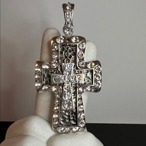 Vintage Chunky Silver & Rhinestone Crystals Cross Pendant with Magnetic Closure